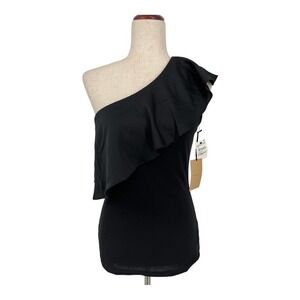 HALOGEN Women's One Shoulder Poplin Ruffle Top in Black - Size XS  NWT